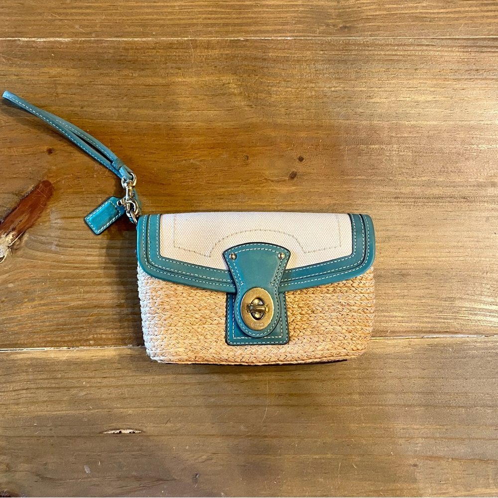 Coach wristlet, canvas, leather, & straw.